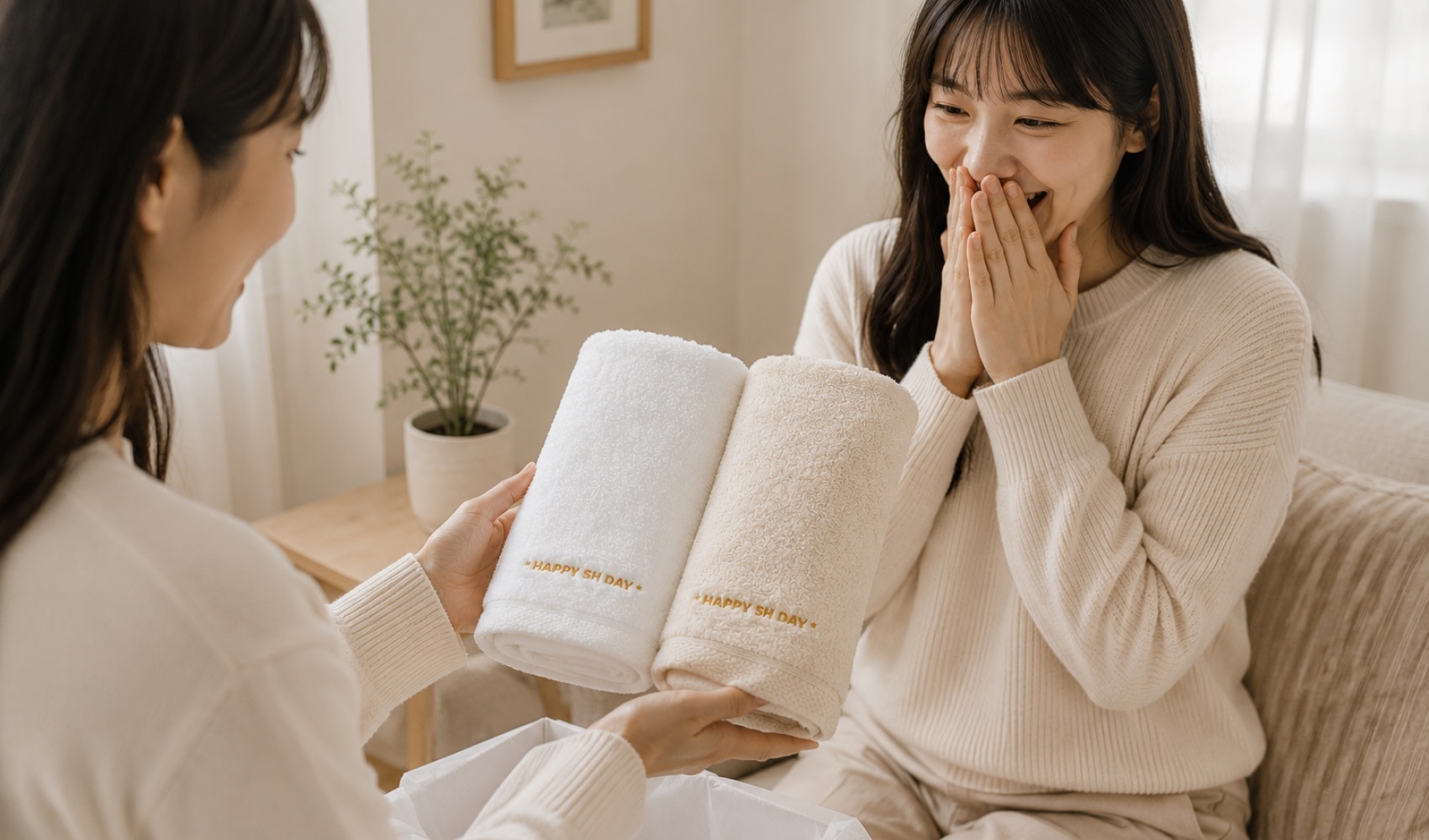 마플 송월 커스텀 자수 타올 문구를 자수로 새긴 화이트·베이지 타올 2장을 집들이 선물로 건네는 이미지