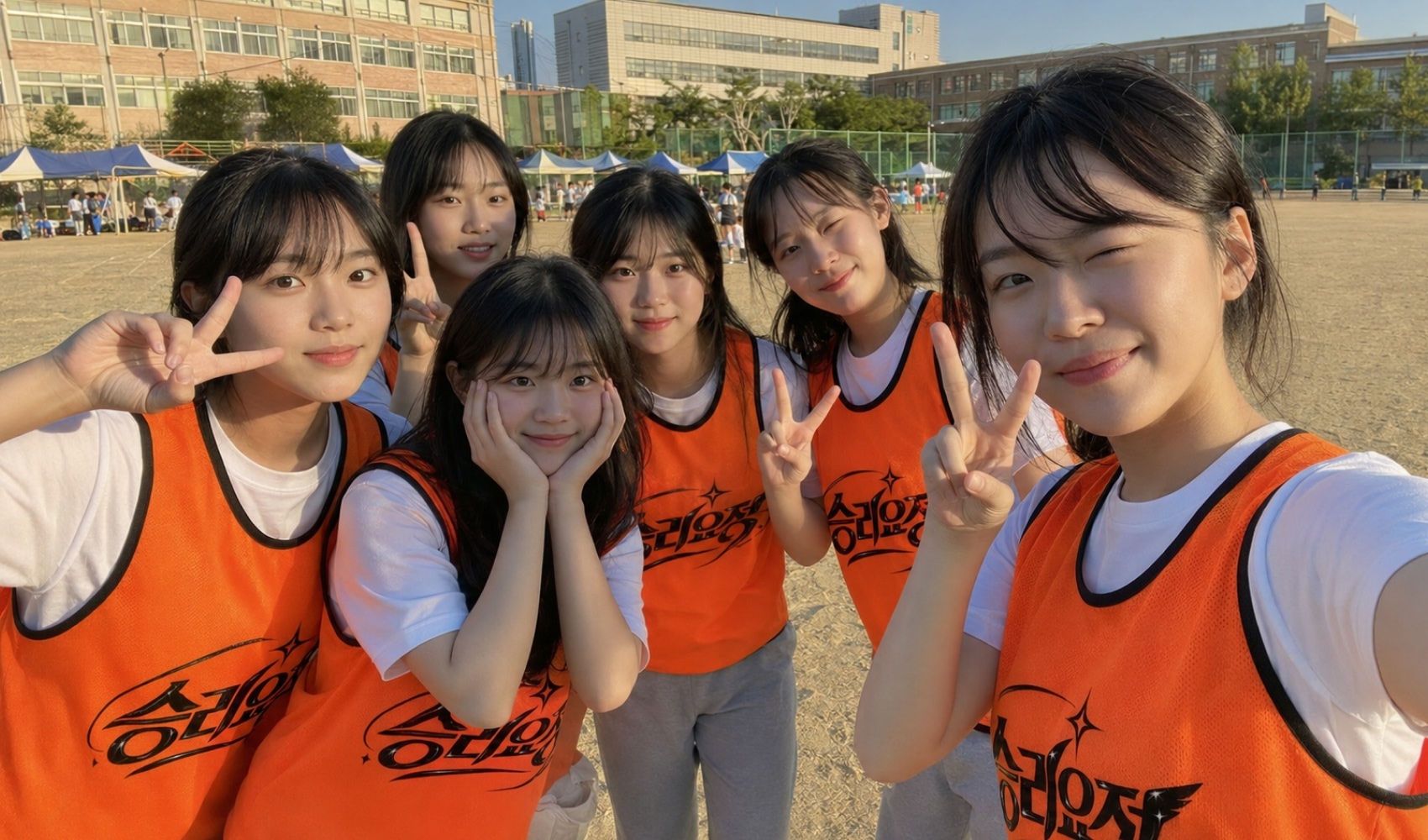마플 메쉬 팀 조끼 팀명 로고를 인쇄한 오렌지 조끼를 학교 체육대회에서 여학생 5인이 단체 착용한 이미지