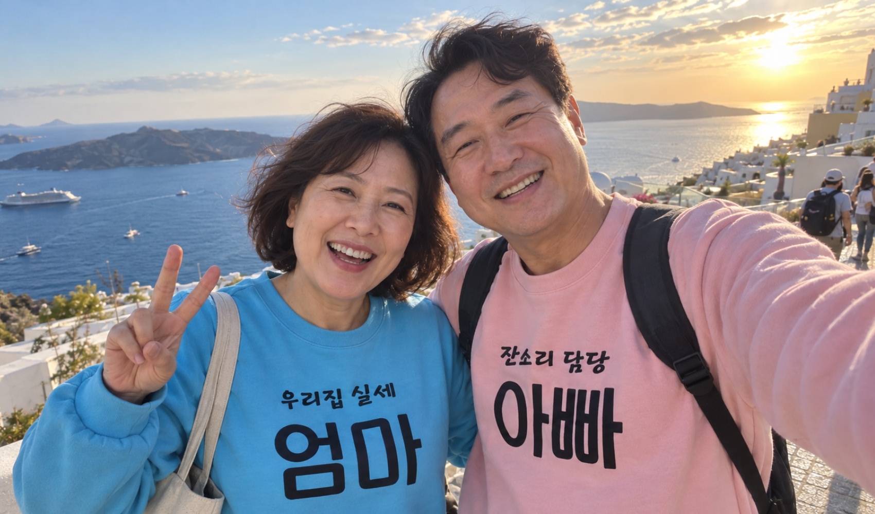 마플 웃긴 가족 단체 티셔츠 만들기 - 우리집 실세 엄마와 잔소리 담당 아빠 문구가 적힌 맨투맨을 입고 여행지에서 사진을 찍은 부모