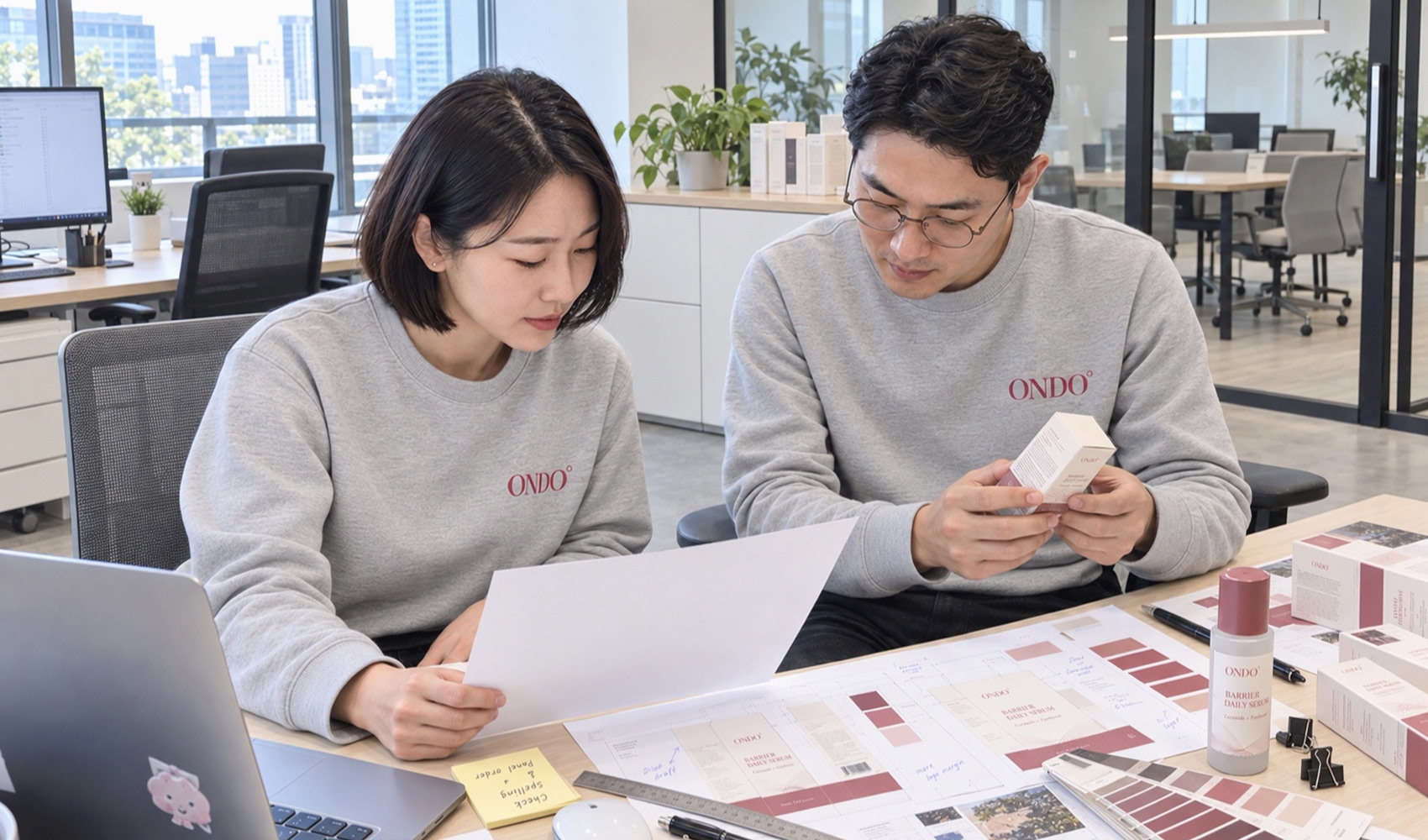 마플 회사 단체 맨투맨 제작 - 왼쪽 가슴에 ONDO 로고를 넣은 회색 맨투맨을 입고 패키지 시안을 검토하는 두 사람