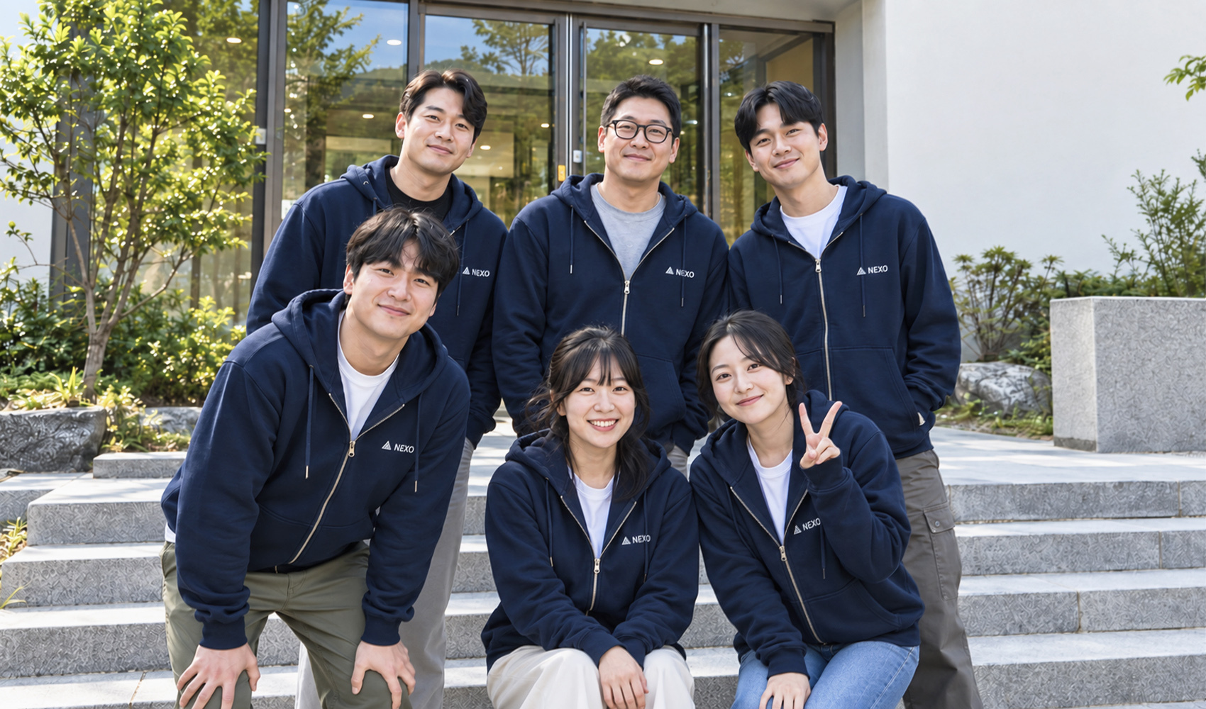 마플 워크샵 후드집업 제작 - NEXO 로고가 있는 네이비 후드집업을 입고 건물 앞에 모인 남녀 단체 이미지
