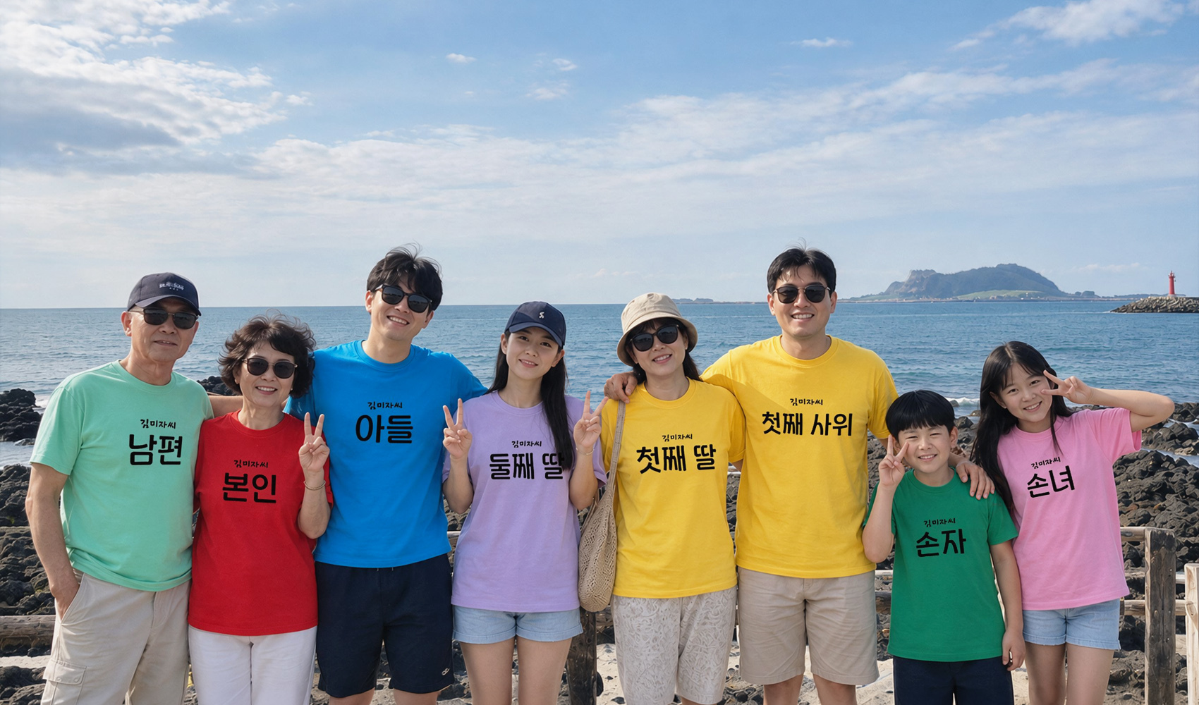 마플 웃긴 가족 단체 티셔츠 만들기 - 남편, 본인, 아들, 딸, 사위, 손자, 손녀 등 가족 관계 문구가 적힌 컬러 티셔츠를 맞춰 입은 대가족 여행 사진