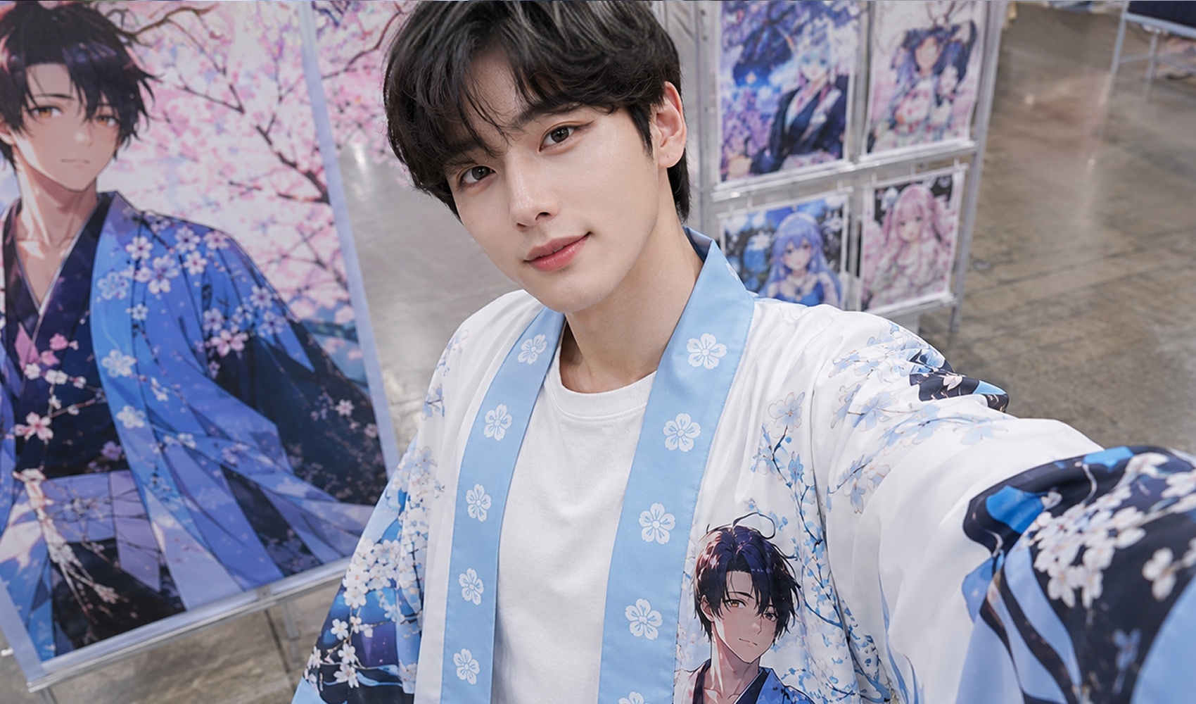 마플 커스텀 핫피 애니 캐릭터 일러스트를 풀 컬러 인쇄한 블루 핫피를 애니 팝업 행사에서 착용한 이미지