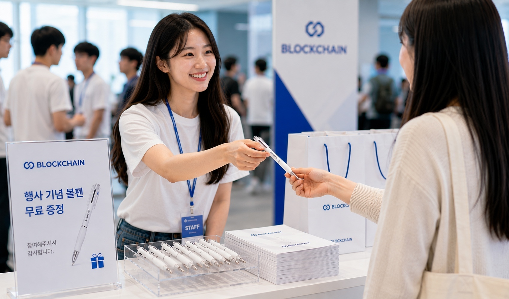 마플 커스텀 3색 볼펜 기업 로고를 인쇄한 화이트 볼펜을 컨퍼런스 행사 부스에서 참가자에게 나눠주는 활용 이미지