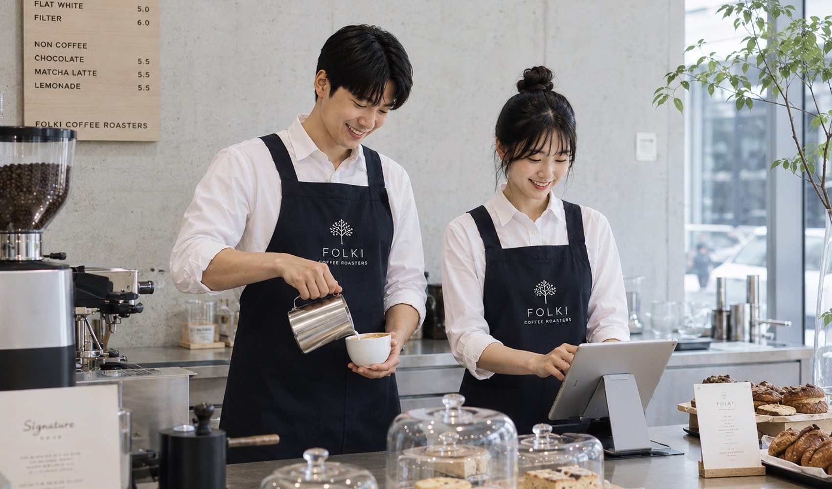 마플 AP 커스텀 앞치마 카페 로고를 인쇄한 네이비 앞치마를 카페 직원 2인이 착용한 이미지