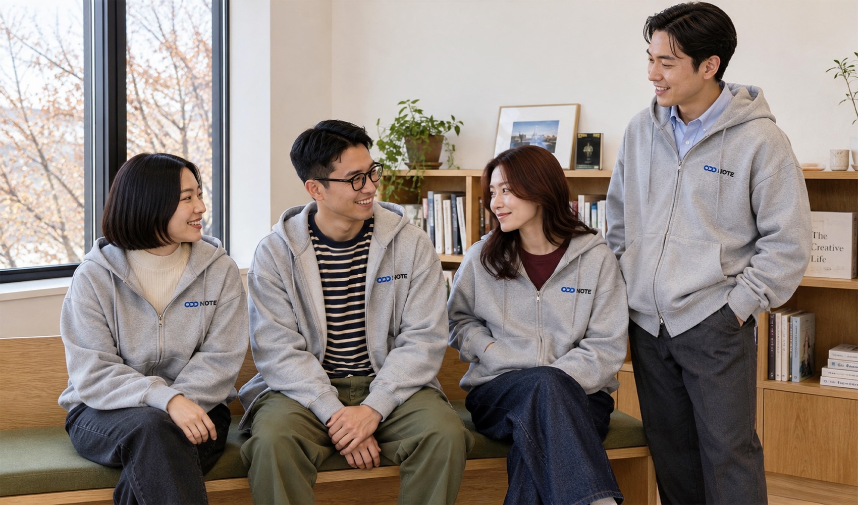 마플 단체 후드집업 제작 - 회사 로고를 인쇄한 회색 단체 후드집업을 입은 직원 네 명