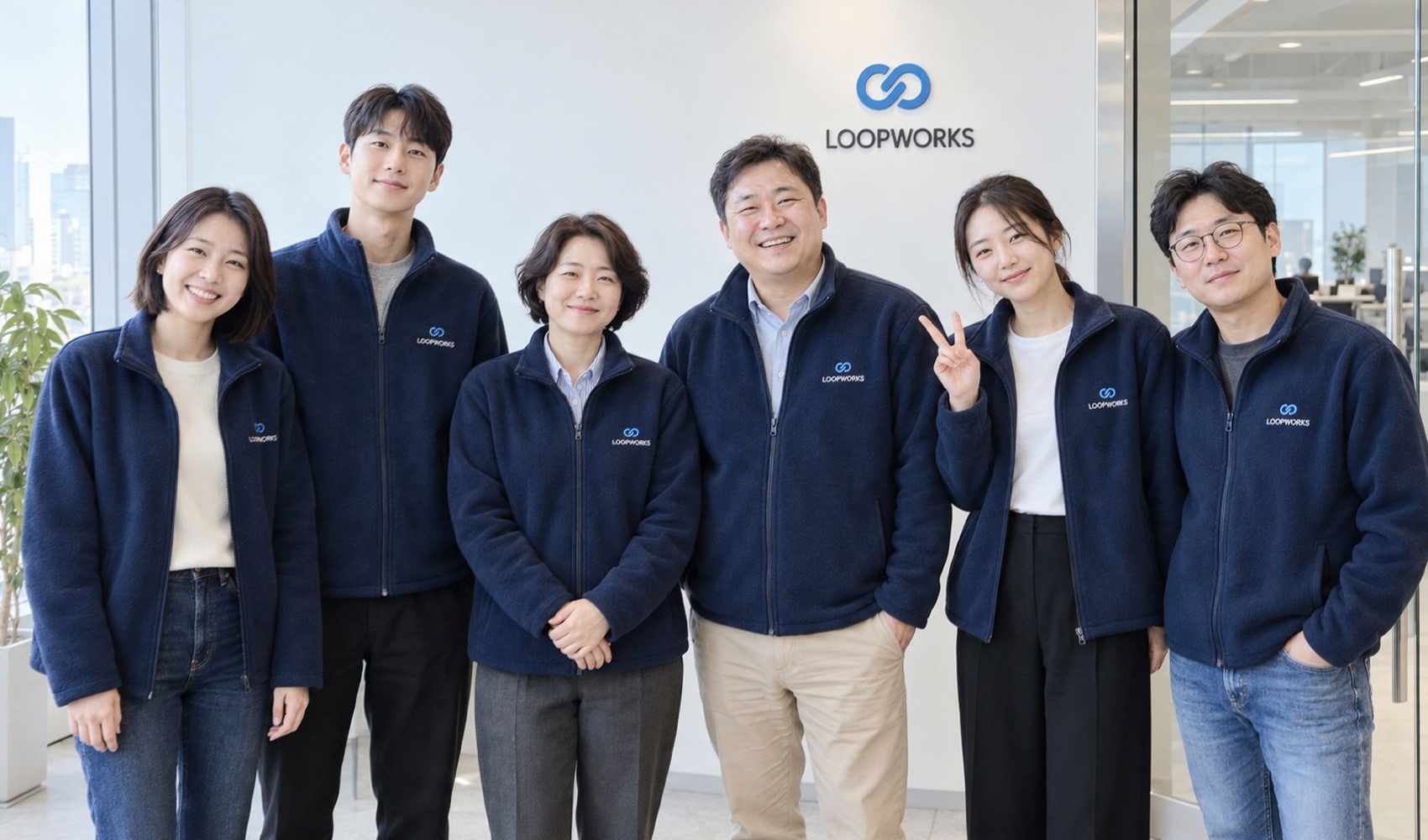 마플 단체 후리스 제작 - LOOPWORKS 로고를 자수로 넣은 네이비 후리스를 착용한 직원들의 사무실 이미지