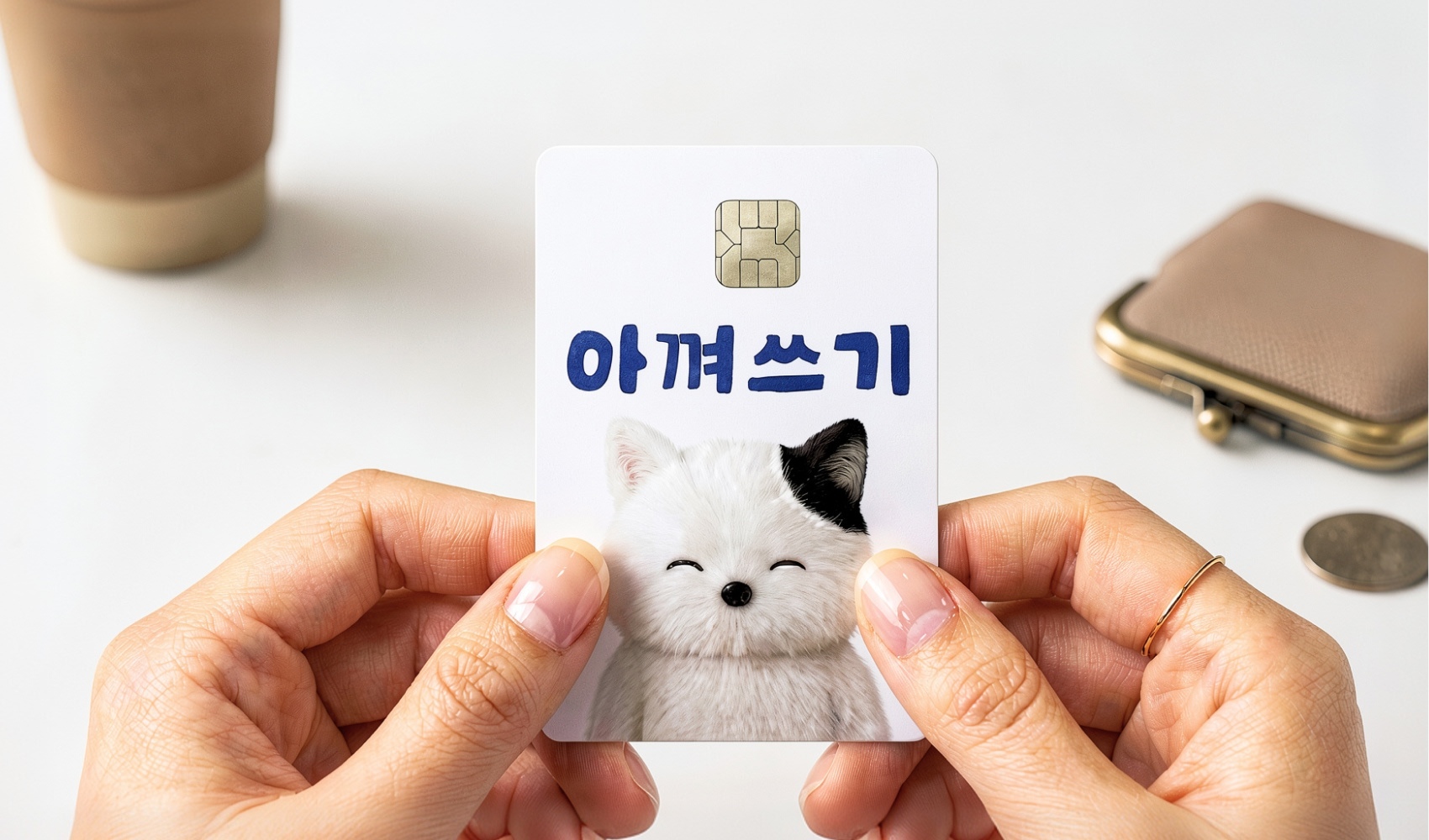 마플 카드 스티커 캐릭터 일러스트와 문구를 풀 컬러 인쇄한 카드 스티커를 두 손으로 들고 있는 이미지