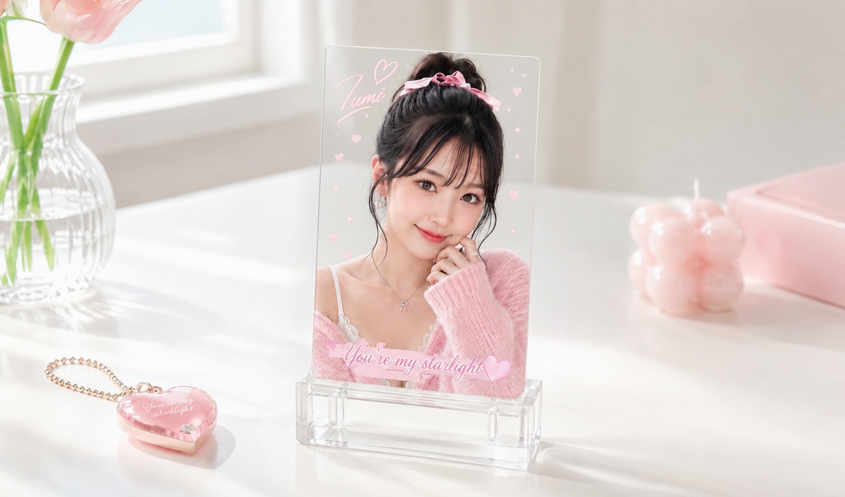 마플 투명 세로포토카드 – 아이돌 사진과 영문 문구를 풀컬러 인쇄해 제작한 투명 포카를 아크릴 스탠드에 세워 배치한 이미지