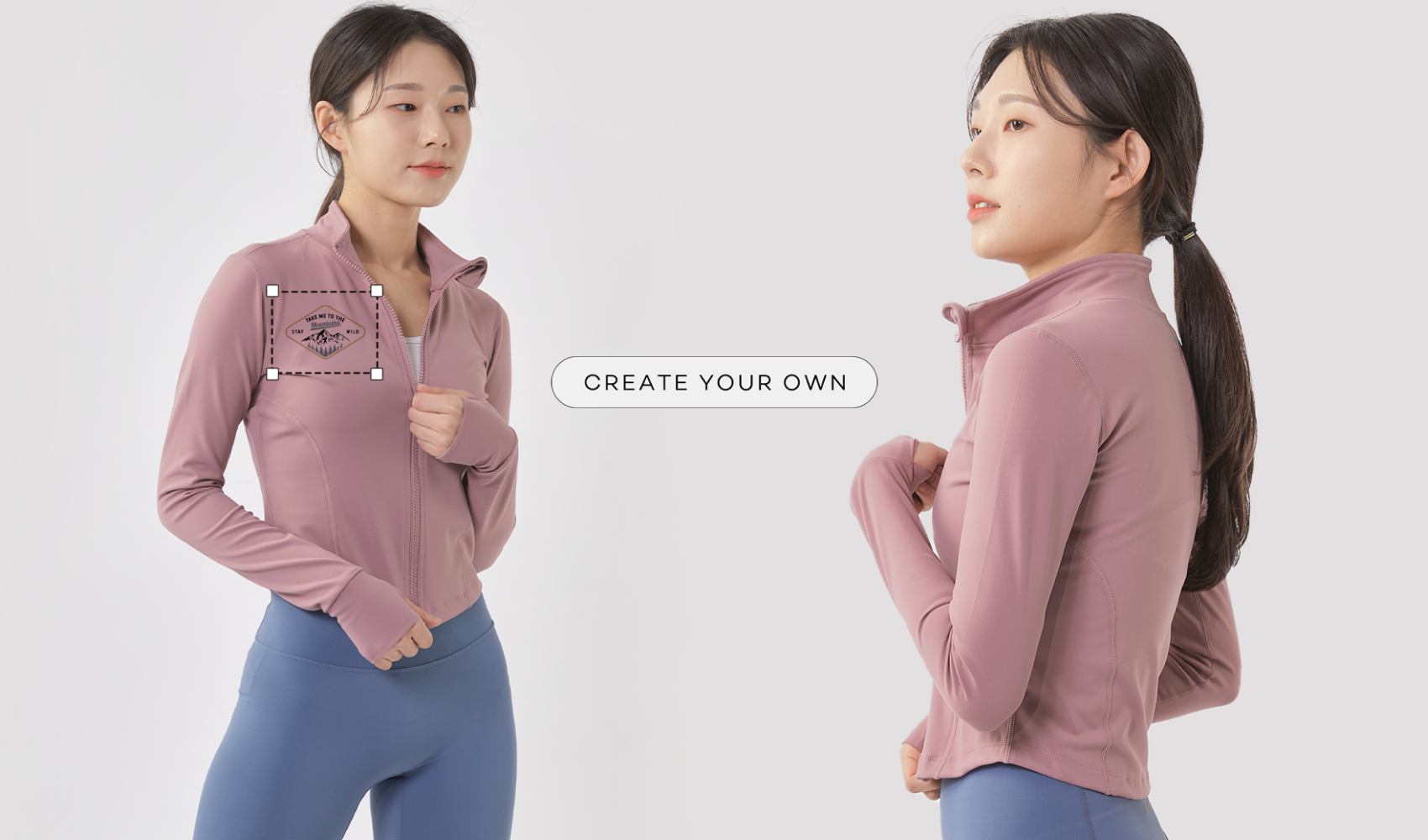 마플 레스피라 여성 스포츠 탑 – 마플 에디터에서 디자인 업로드 영역을 표시해 주문 방법을 보여주는 핑크 일반 기장 스포츠 탑 앞·뒷면 이미지