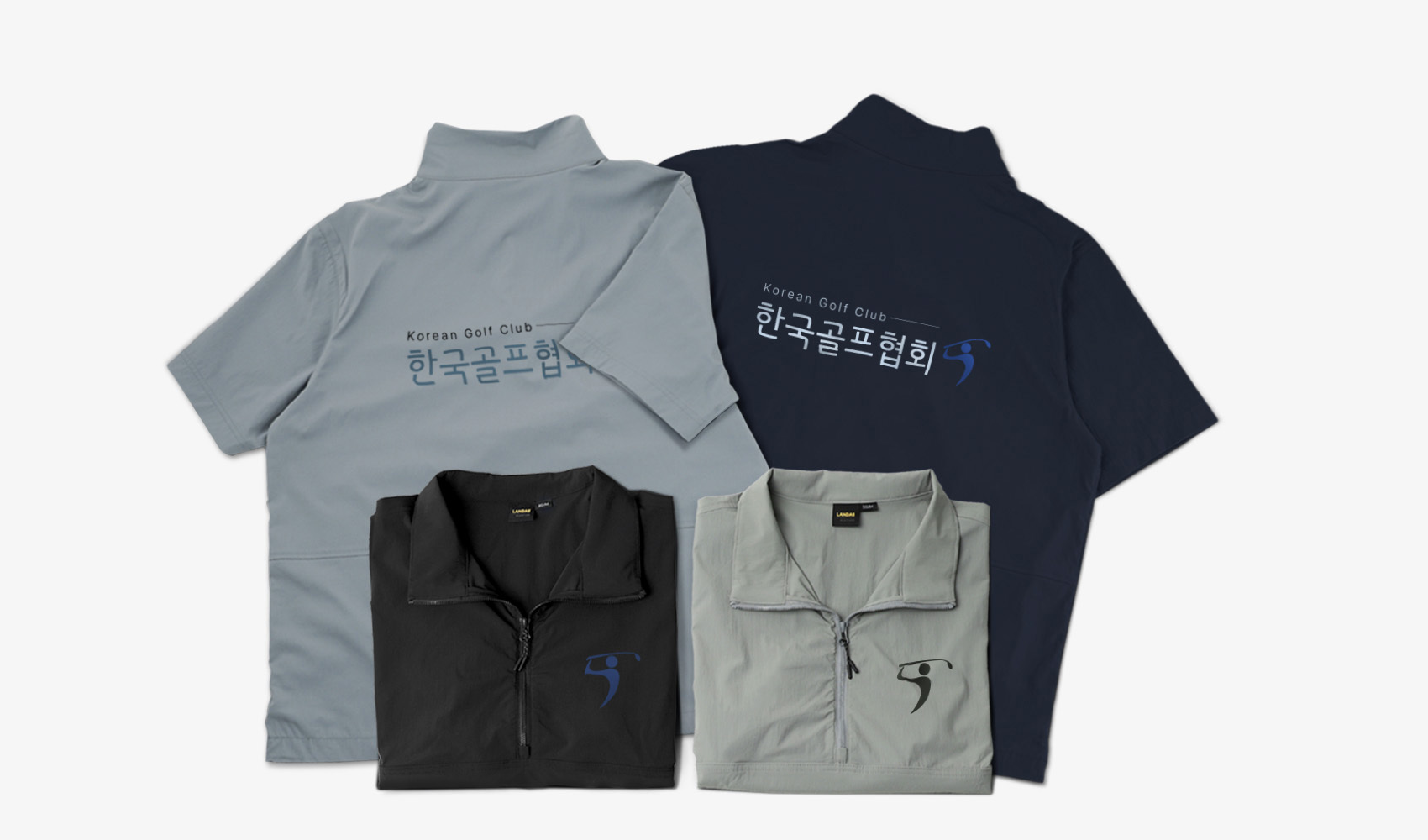 마플 랜더스 150 반소매 아노락 자켓 - 골프 클럽 로고를 인쇄해 제작한 그레이·네이비·블랙·카키 4종을 나란히 배치한 이미지