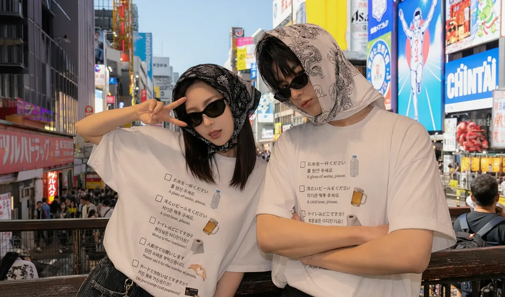 마플 일본 여행 우정 티셔츠 – 친구 두 명이 여행 문구가 인쇄된 흰색 커스텀 티셔츠를 맞춰 입고 일본 번화가에서 포즈를 취한 이미지