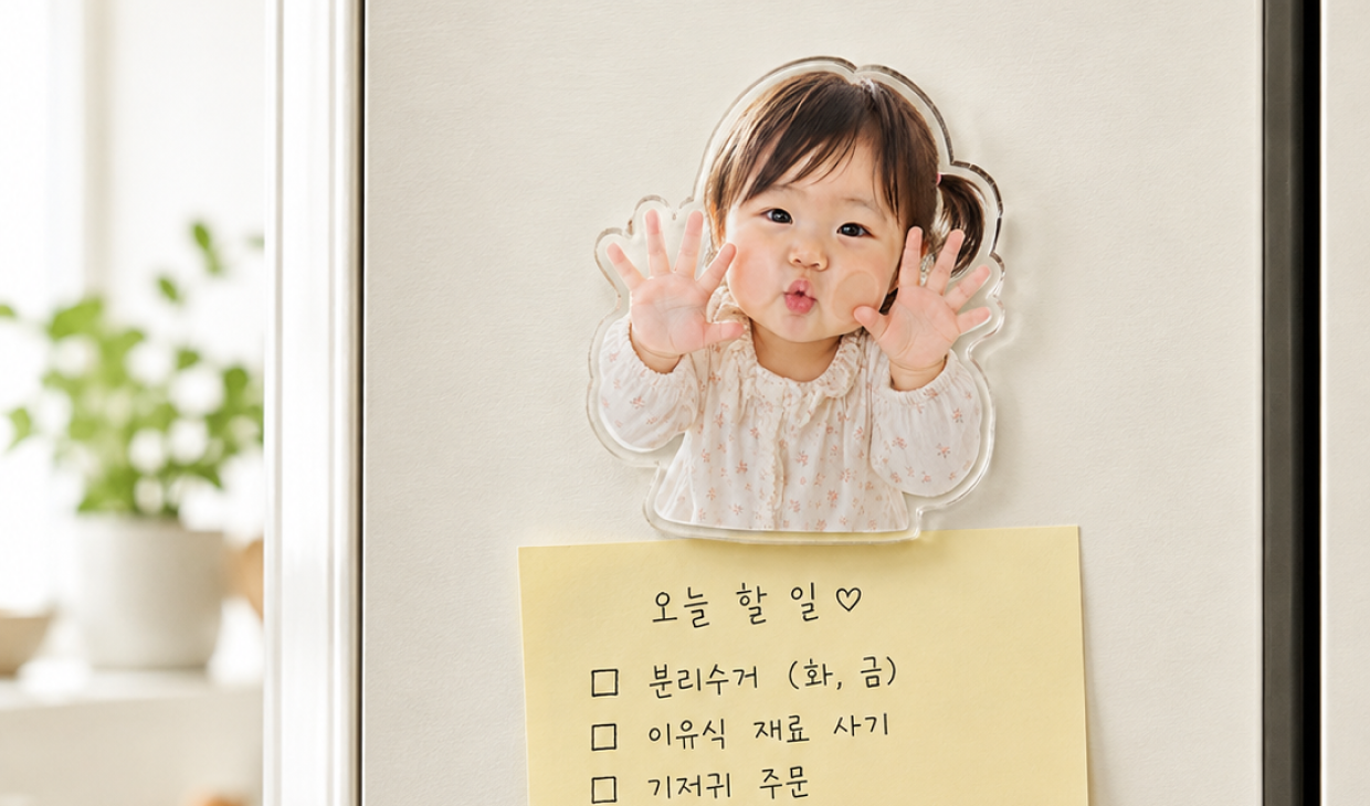 마플 아기 아크릴 메모홀더 – 아기 사진으로 만든 투명 커스텀 아크릴 굿즈로 냉장고에 할 일 메모를 고정한 이미지