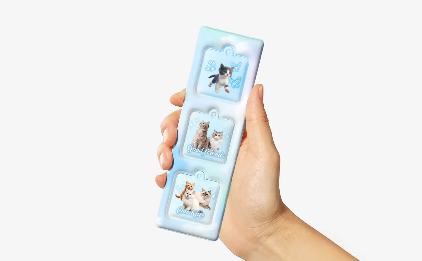 마플 사각 말랑 키링 – 고양이 사진과 그래픽을 각각 인쇄한 사각형 PVC 말랑키링 3종이 한 판에 제작된 이미지