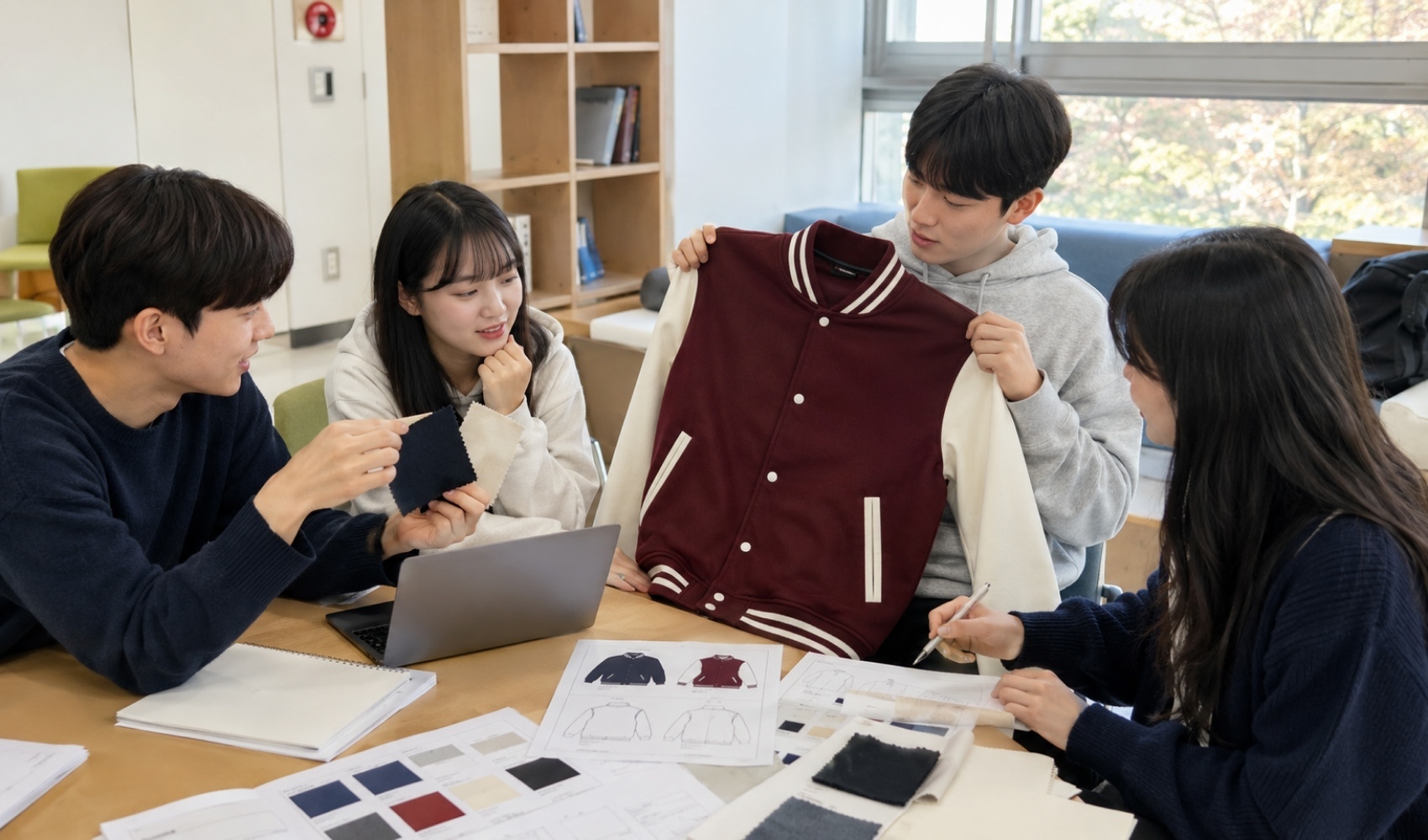 마플 과잠 단체 제작 – 대학생들이 야구점퍼 샘플과 원단 컬러를 비교하며 과잠 디자인을 고르는 이미지