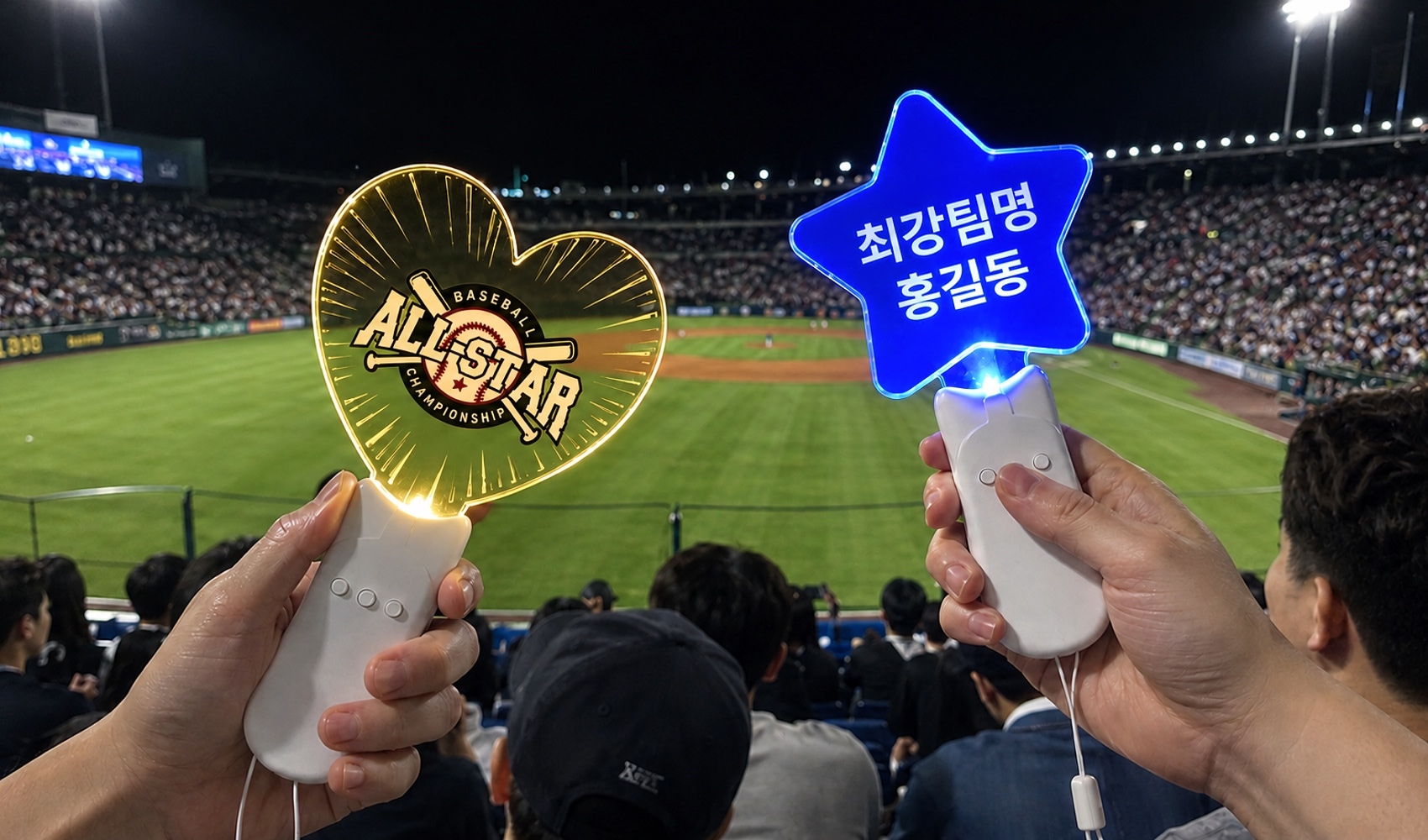 마플 LED 응원봉 – 야간 야구장에서 올스타 로고의 하트형 응원봉과 ‘최강 팀명 홍길동’ 문구의 별형 응원봉을 켜고 응원하는 이미지