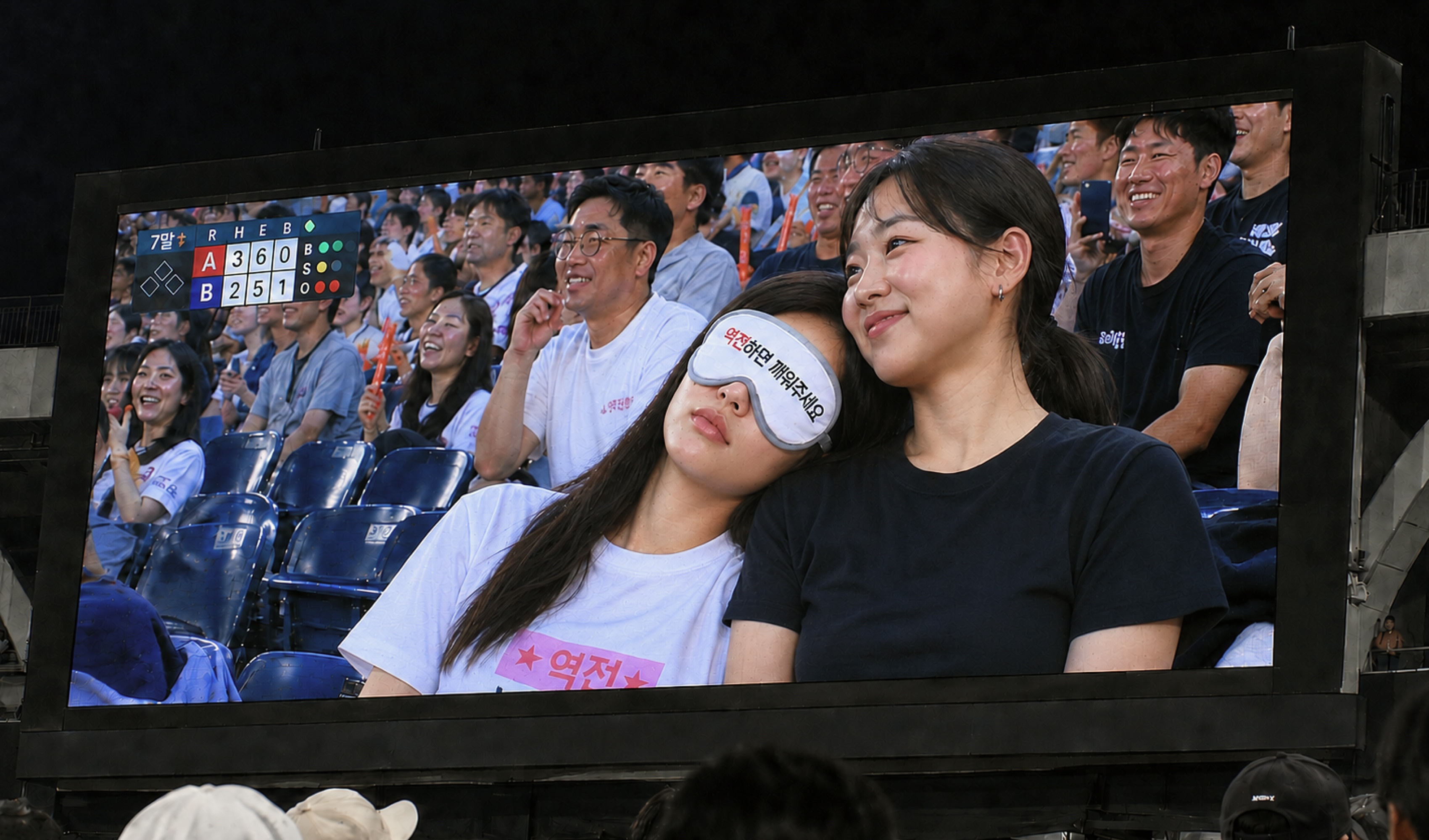마플 커스텀 수면안대 – ‘역전하면 깨워주세요’ 문구를 인쇄한 수면안대를 착용하고 친구에게 기대어 야구 경기를 관람하는 모습이 전광판에 잡힌 이미지