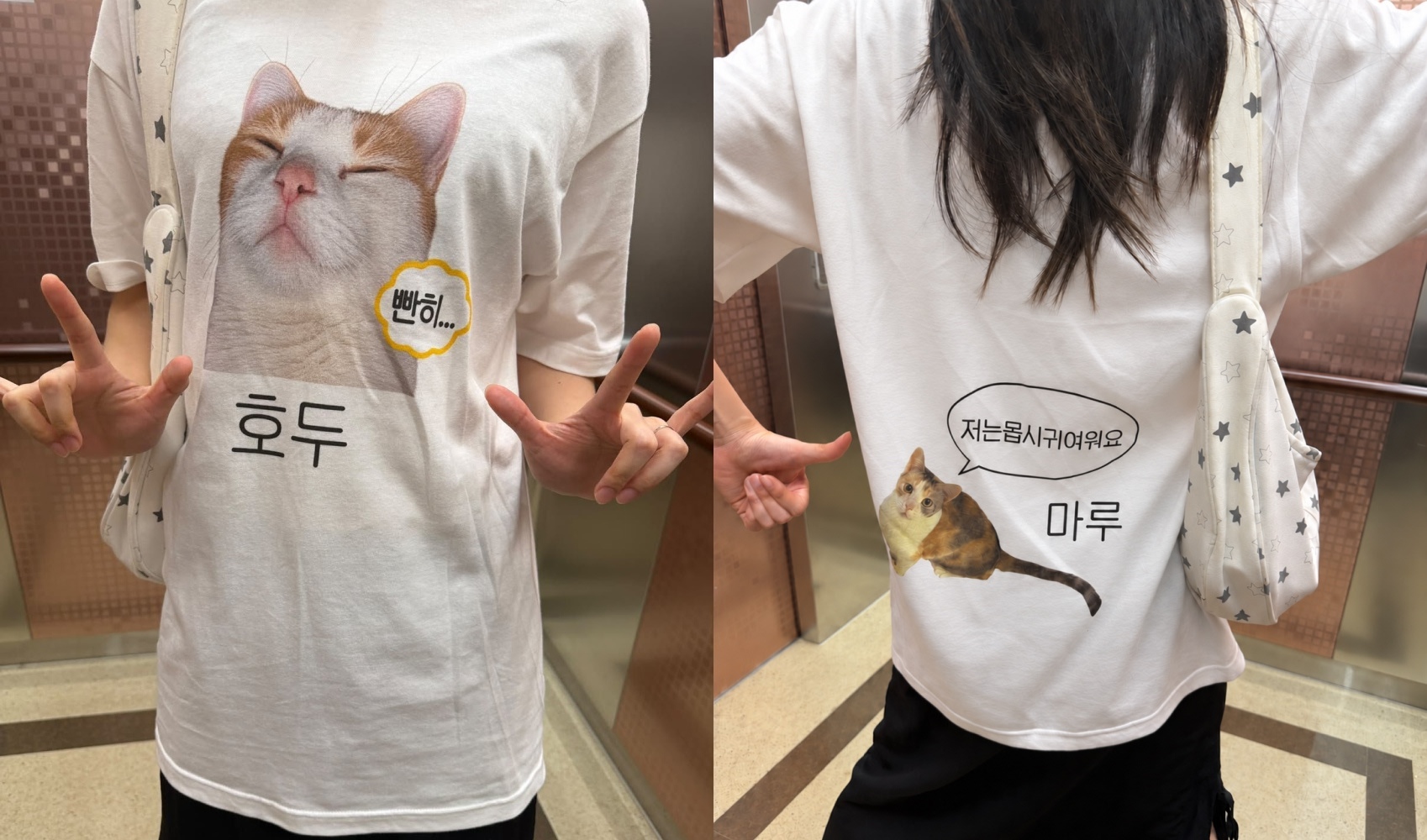 마플 고양이 커스텀 티셔츠 – 호두와 마루 사진, 이름과 말풍선 디자인을 앞뒤로 프린팅한 화이트 반팔 티셔츠 착용 이미지