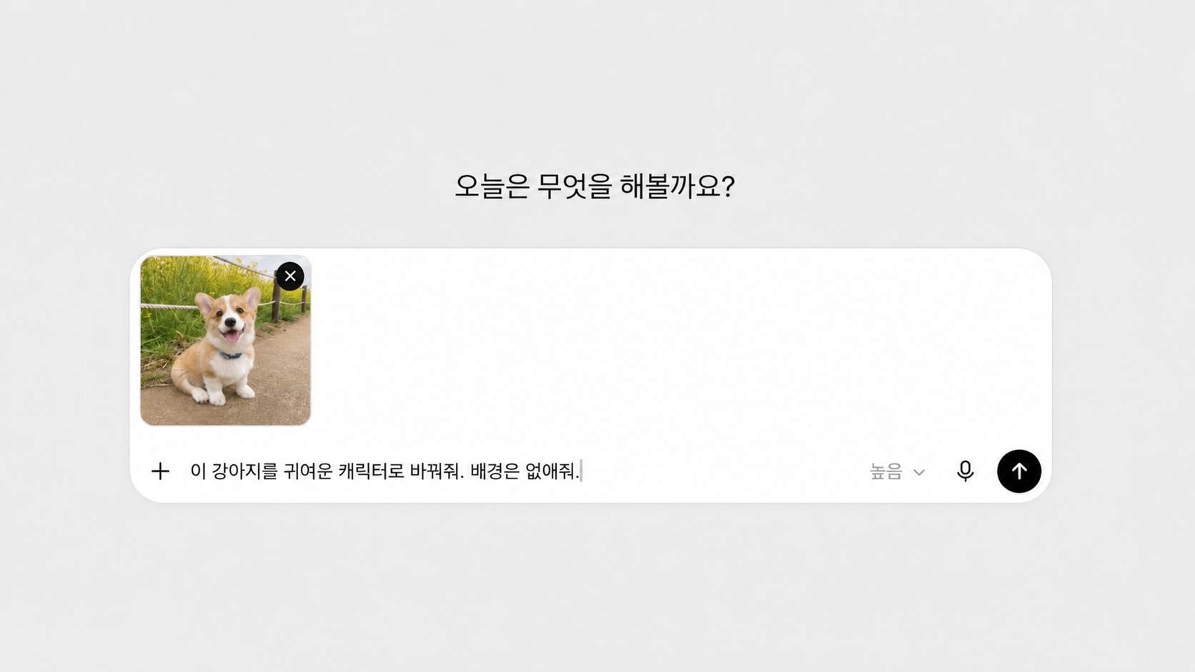 AI 이미지 제작 – 웰시코기 사진을 첨부하고 귀여운 캐릭터로 변환하며 배경을 제거해 달라는 프롬프트를 입력한 화면 이미지